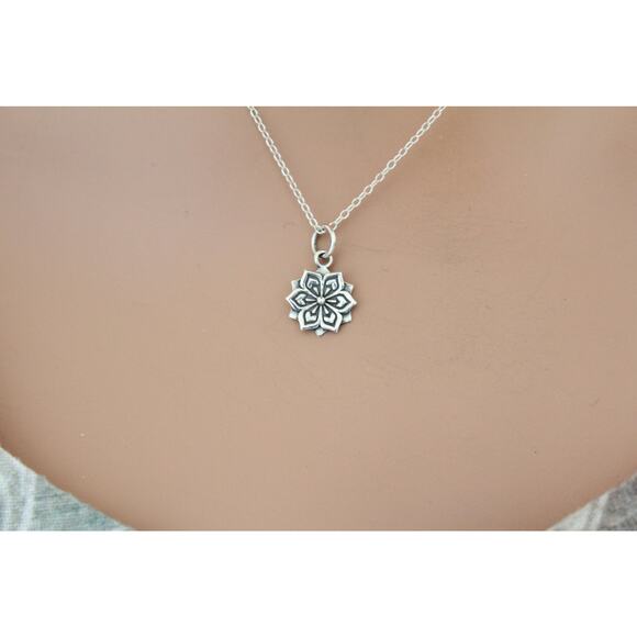 Sterling Silver Flower Charm Necklace, Silver Flower Charm Necklace - Picture 2 of 3